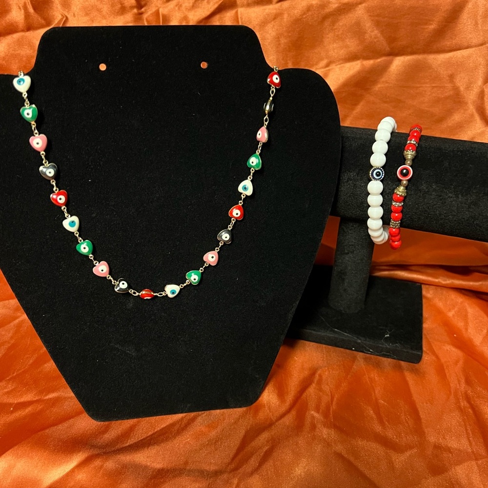 Colorful Evil Eye Necklace and two bracelets